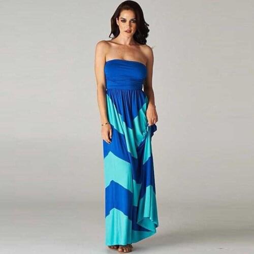 Women Pleated Sleeveless Maxi Beach Dress Sling Party Dress Lady Fashion Striped Patchwork Dress Summer Elegant Off Shoulder Bow