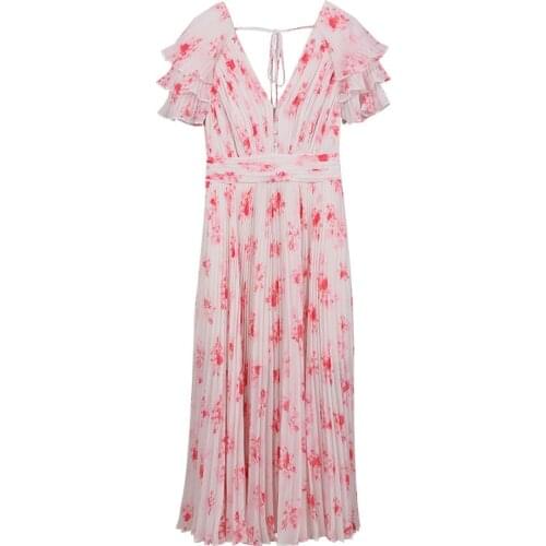 2021 New Arrive Women Midi Dress Pleated High Waist Printed Chiffon Floral Dress