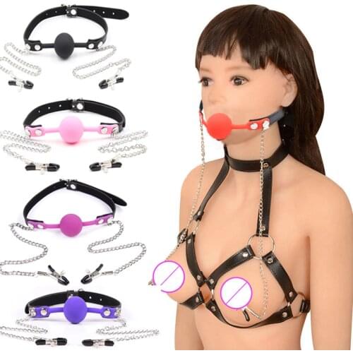 Harness Open Mouth Gag Ball Gag with Nipple Clamps Erotic Toys BDSM Sex Bondage Mouth Silicone Ball Gag Women Adult Sex Toys
