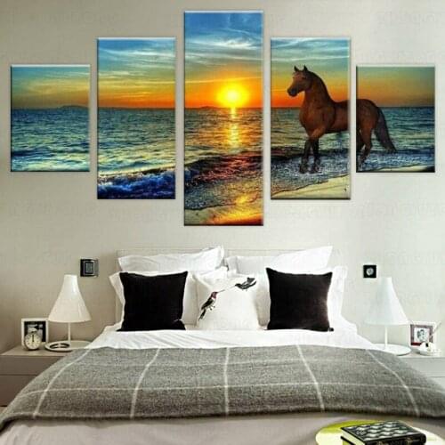 5 Piece Canvas oil Painting Sunset Landscape Setting Sun Scenery Horse Wall art Poster for home Decor Modular Picture Frame