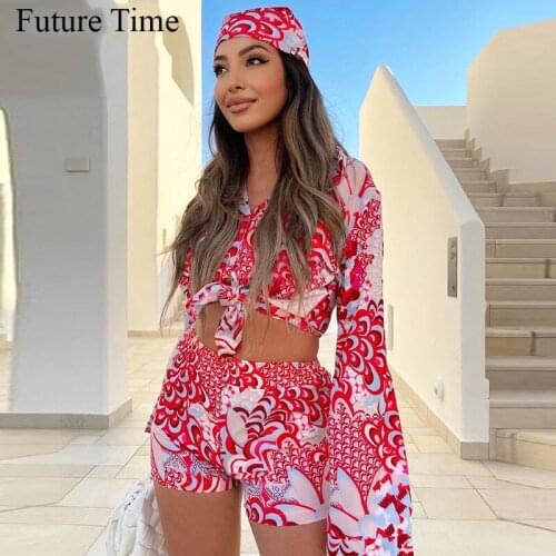 2021 Summer Print Long Sleeve Blouses Top Shirts Women And Mini Shorts Set Y2K Casual Three Piece Sets Party Sexy Outfits SS1047
