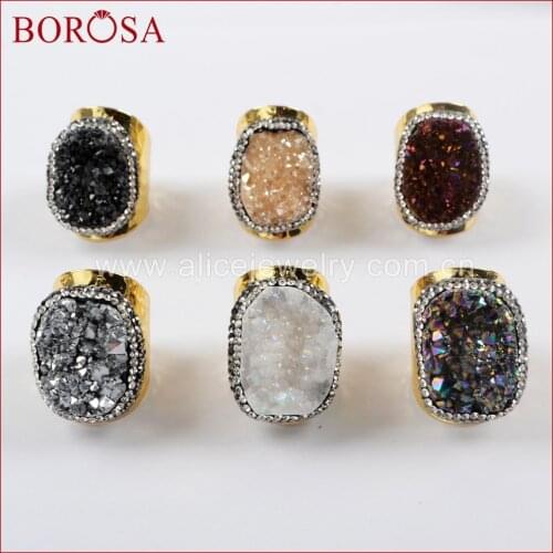 BOROSA 5PCS Wholesale Druzy Fashion Jewelry Electroplated Rainbow Titanium Druzy Gold Plated Ring For Women JAB938