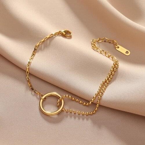 Gold Fashion Circle Asymmetry Beads Link Bracelet for Women Girls Charm Stainless Steel Snake Chain Bracelet Bohemian Jewelry