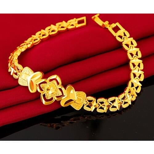 Flower Patter Bracelet Women Wrist Chain Link Yellow Gold Filled Classic Fashion Jewelry Gift