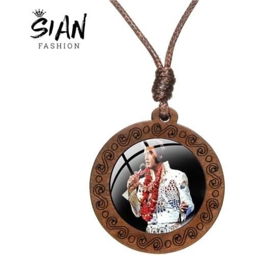SIAN Novelty Series Wood Necklace Rock Singer Famous Star Glass Dome Classic Portrait Print Pendant Music Jewelry