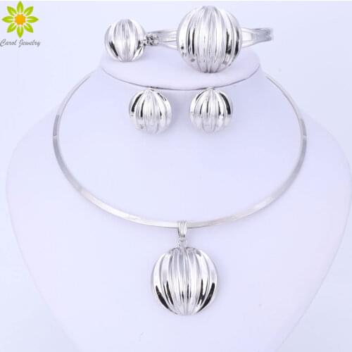 Dubai Jewelry Set Ball Pendant Necklace Earrings Bracelet Ring Silver Color Jewelry Set Womens Wedding Accessories