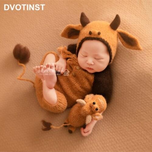 Dvotinst Newborn Baby Photography Props Cute Cow Outfits Set Knitted Rompers Ears Hat Doll Accessories Studio Shoots Photo Props
