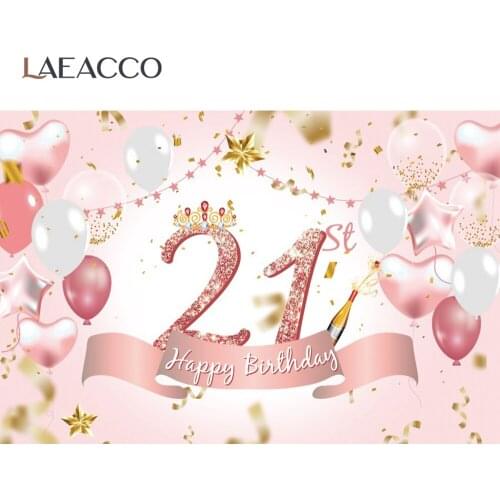 Photo Backdrop Pink Sweet 21st Birthday Party Gold Balloon Celebration Photocall Ribbon Customized Banner Crown Photo Background