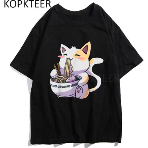 Ramen Cat T-Shirt Kawaii Anime Cartoon Print Japanese Style T-Shirt Men Women Summer Harajuku Aesthetics Short Sleeve T-Shirts