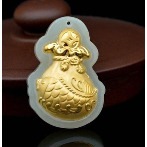 Hetian jade white jade fish bag pendant female gold inlaid jade pendant gold pendantH84