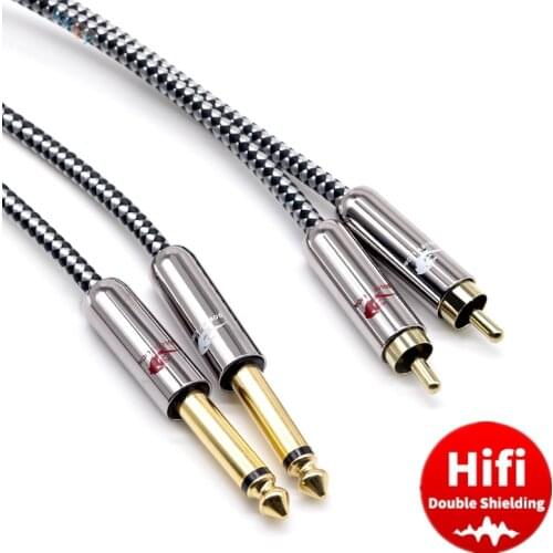 Double 1/4'' Mono 6.35mm Male to 2 RCA Male Nylon Audio Cable For Mixer Amplifier Mixing Consoles Speakers AV Line 1m 2m 3m 5m