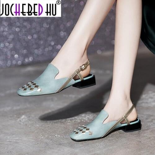 【JOCHEBED HU】Back Strap Genuine Leather Women Sandals 2021 Summer Square Toe High Heels Pumps Top Quality Party Dancing Shoes Wo