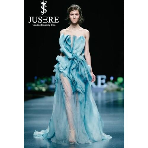 JUSERE 2019 SS FASHION SHOW Blue Long Prom Dress Strapless See Through Floor Length Party Dresses Vestido de festa longo