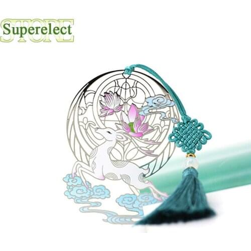 Chinese Retro Carving Style Metal Hollow out Deer Shape Tassel Bookmarks Exquisite gift box packaging Stationery Supply Gifts