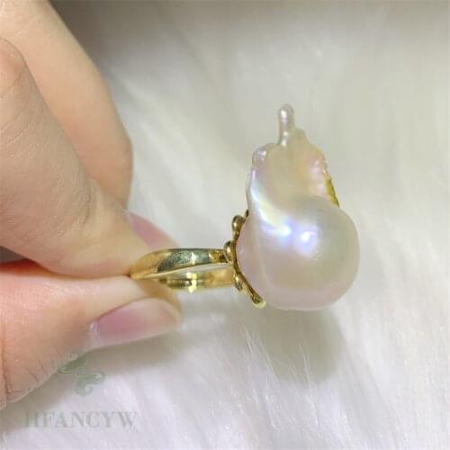 White Baroque Pearl Open Adjustable 18k Gold Ring Gorgeous Cultured Hand-made Teardrop Huge Natural Diy Flawless Classic Elegant