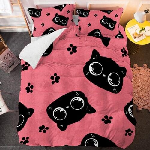 Cute Pink Black Cat Comforter Bedding Set 3D Print Luxury Queen King Single Size Duvet Cover Set Home Textile Modern Cartoon
