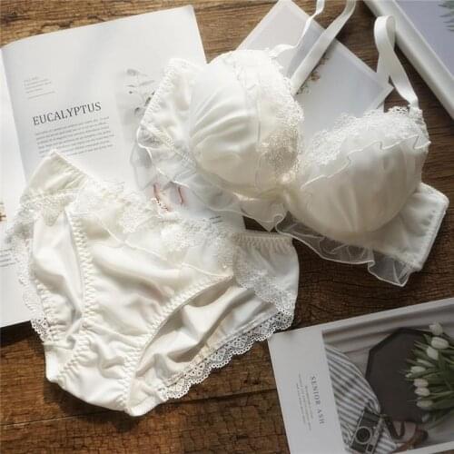 Sweet Girl Sexy Lingerie for Small Chest See Through Bra and Panty Set Ruffle White Chiffon Bra Brief Thong Sets Underwear Women