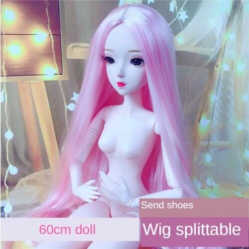 60cm 20 Joint Movable Bjd Doll Hair Detachable 3D Eyes Medium Long Wig Fashion Dress Up Naked Body Doll Girl Toy Birthday Gift