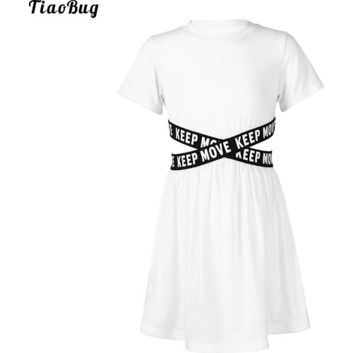 TiaoBug Summer Kid Girls Sport Dance Dress O-Neck Short Sleeves Letters Print Webbing Straps Hollow Out Waist Knee Length Dress