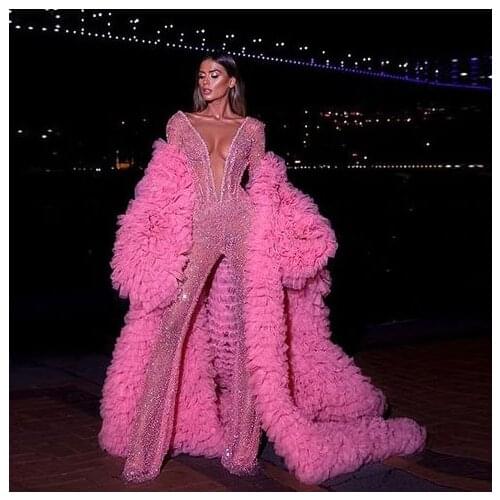 Fashion Pink Chic Puffy Ruffles Tiered Tulle Long Robes Women 2020 Full Sleeves Floor Length Tops Women Open Jacket Custom Made