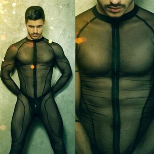 Man Mesh Catsuit Teddy Bodysuit Black Transparent Erotic Lingerie Bodysuits Body Wear One Piece Jumpsuit