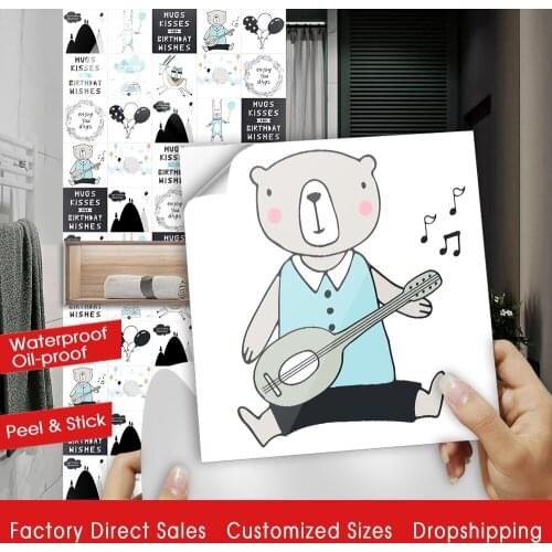 10/15/20/30cm Nordic Style Cartoon Animals Hard Tiles Wall Sticker Kitchen Wardrobe Home Decor Wallpaper Shiny Surface Art Mural