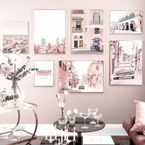 Pink Town Street Building Car Flower Wall Art Canvas Painting Nordic Posters And Prints Wall Pictures For Living Room Home Decor