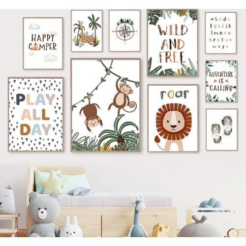 Jungle Animals Monkey Lion Giraffe Cartoon Wall Poster Alphabet Nursery Canvas Wall Art Decoration Kids Child Bedroom Pictures