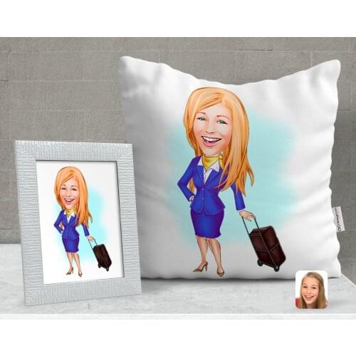 Personalized Stewardess Caricature Of Decorative pillow And Frame Gift Seti-2