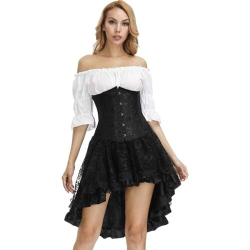 Underbust Corset Dress Skirt Top 3 Piece Burlesque Corsets Bustier Lingerie Plus Size Black Korset Victorian Costume Gothique