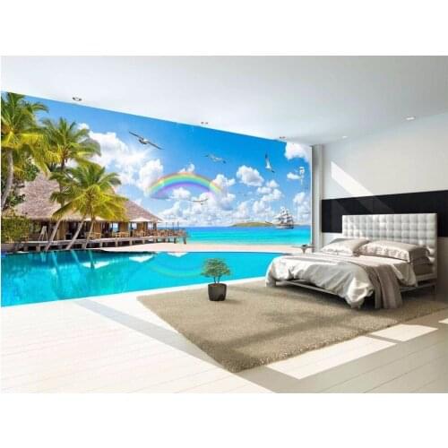 Custom photo 3d room wallpaper Beautiful seascape rainbow island landscape coconut trees living room 3d wall murals wallpaper