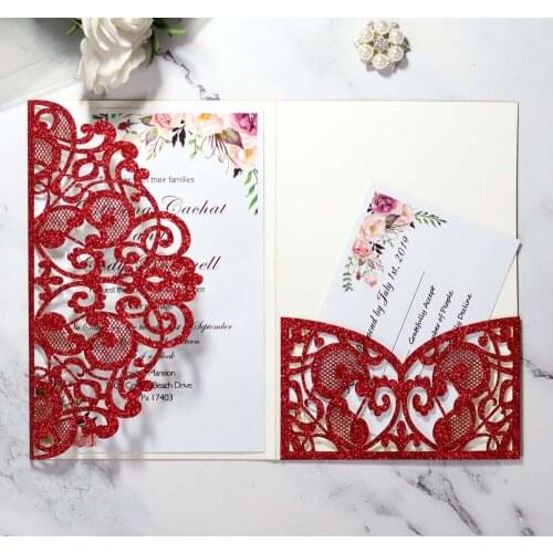 Luxury Customized Printing Glitter Wedding Invitations with RSVP Laser Cut Invitations for Bridal Shower Red Quiceanera Invites