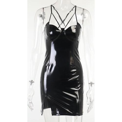 Sexy Mini PU Leather Punk Corset Dress Club Strappy Bodycon Sheath Erotic Short Latex Slit Dress Women Gothic Nightwear