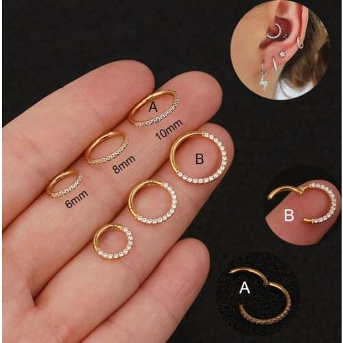 1PC 316L Stainless Steel Cz Cartilage Hoop Earring Hinged Segment Clicker Ring Nose Septum Jewelry Helix Daith Piercing Earrings