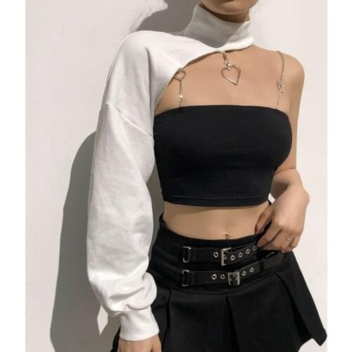 SEASONS White Casual One Shoulder Halter Crop Top Tshirt Summer Long Sleeve Knitted Sleeves T Shirt Women Streetwear ASTS83102