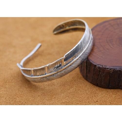 Solid 925 Sterling Silver feather Women Men Retro Cuff Bangle Bracelet jewelry A4716