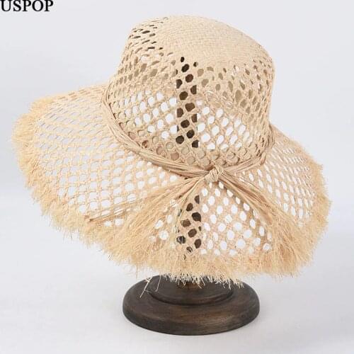 USPOP 2020 New fashion hollow-out raffia straw hat casual natural straw sun hats wide brim beach hat