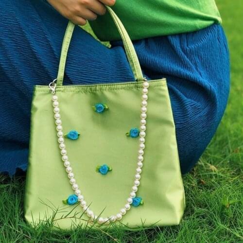 Luxury Design Women Satin Shoulder Bag Retro Flower Ladies Mini Tote Purse Handbags Pearl Chain Female Girls Small Underarm Bags