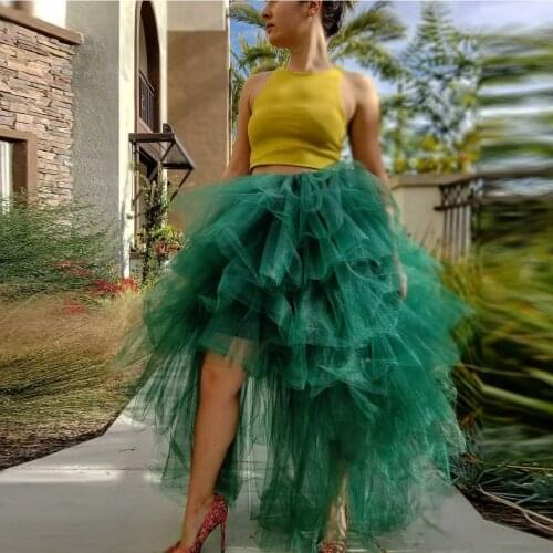 High Street Emerald Green High Low Tiered Tulle Skirts Women 2019 Ruffles Long Tutu Skirt Maxi Tulle Skirt Saias Faldas Mujer