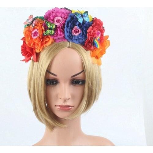Womens Hawaiian Stretch Peoy Flower Head buckle Floral Crown Christmas Tiara Day of The Dead Headband Costume Mexican Headpiece