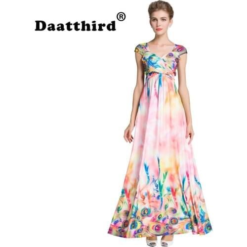 2019 Summer Peacock Tail Cap Sleeve Holiday Beach Summer Long Maxi Dress Floral Honeymoon Sundress