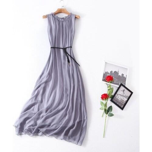 White 200% Silk Summer Beach Midi Women Dress Elegant Ladies Dresses Sleeveless Solid Vestidos De Verano PQ092282 Pph426