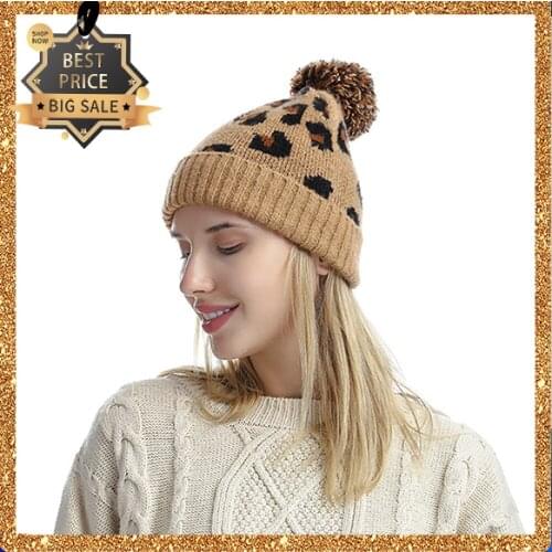 Winter Women Hat Thick Warm Fashionable Caps For Girls & Female Leopard Design Knitted with/ball Nice Gift