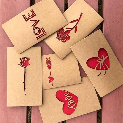 10pcs Kraft Paper Valentines Day Hollow Greeting Card Envelope Love Heart Rose Thanksgiving Birthday Card Holiday Blessing Card