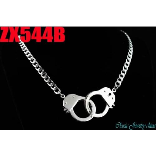 16"-38" two big handcuffs with 6mm cuba chain stainless steel necklace fashion punk jewelry 10 sets ZX544B