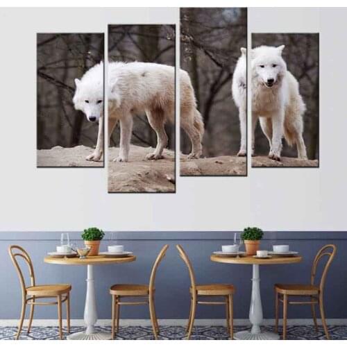 4 Pcs/Set Large Animals Wolf with Tree Canvas Print Painting Modern White Wolves Couple Wall Art Picture Living Room Decor