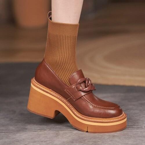 Socks Boots Women Shoes Winter 2021 British Style Square Heels Platform Boots Genuine Leather Brown Short Boot Botines Mujer