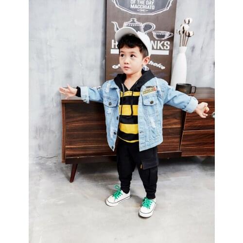 2 3 4 5 6 Years Toddler Boys Clothing Sets Spring Autumn Fashion Korean Denim Jacket Striped Hoodie Pants 3pcs Kids Tracksuit