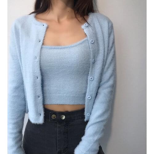 Europe 2020 Autumn Winter New French Fashion Mohair Two-piece Knitted Cardigan High Waist Short Tops Sweater For Women QAYK