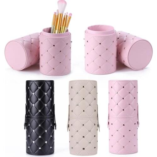 Leather Rhombus Rivet Makeup Storage Holder Cup w/Buckle for Makeup Brush